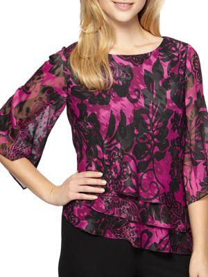 Alex Evenings Plus Floral Print Chiffon Asymmetrical Tier Blouse