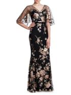 Marchesa Notte Floral Embroidery Cape-sleeve Gown