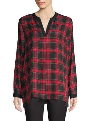 Vince Camuto Windowpane Plaid-print Split-neck Top