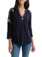 Lucky Brand Floral Embroidered Three-quarter Sleeve Top