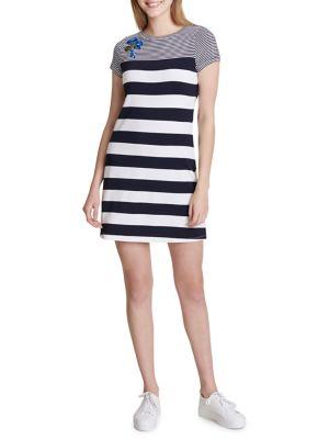 Calvin Klein Floral-embroidered Striped Dress