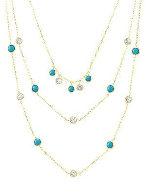 Lord & Taylor Goldplated And Turquoise And Cubic Zirconia Triple Layer Necklace