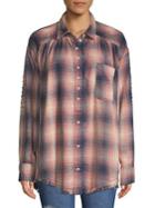 Free People Distressed Plaid Button Down Shirt