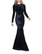 Teri Jon Long-sleeve Lace Applique Velvet Gown