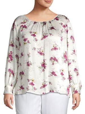 Vince Camuto Plus Floral Ruched Neck Blouse