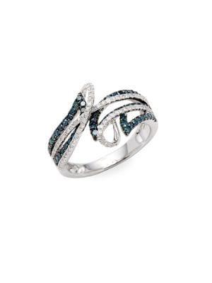 Effy 14k White Gold, White Diamond & Blue Diamond Ring