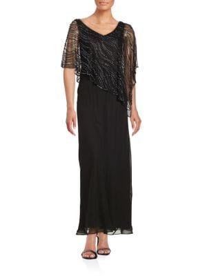 J Kara Petite Embellished Cape-sleeve Long Dress