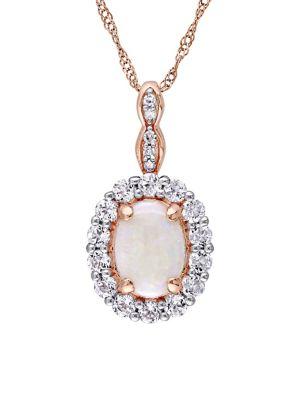 Sonatina 14k Rose Gold, Oval-cut Opal, White Topaz & Diamond Accent Halo Vintage Necklace