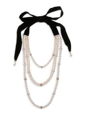 Laundry By Shelli Segal Multi-row Goldtone, Bead And Velvet Tie Necklace