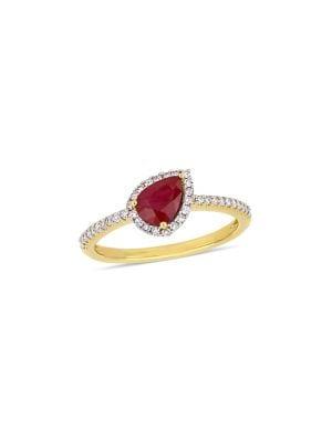 Sonatina 14k Yellow Gold, Ruby And Diamond Halo Teardrop Ring