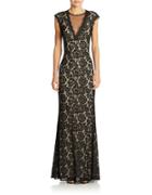 Betsy & Adam Illusion V-neck Lace Gown