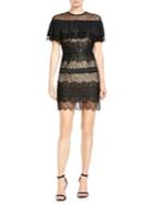 Halston Heritage Ruffled Wavy Lace Mini Dress