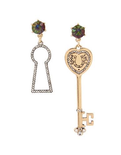 Betsey Johnson Lucky Charms Crystal, Faceted Stone Lock & Key Mismatch Drop Earrings