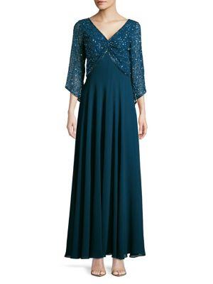 J Kara Petite Beaded Quarter-sleeve Gown