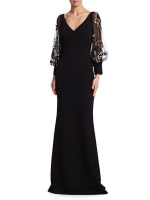 Badgley Mischka Platinum Embellished Blouson Sleeve Gown