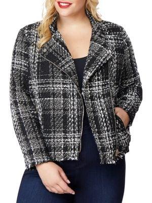 Rebel Wilson X Angels Plus Plaid Fringe Tweed Moto Jacket