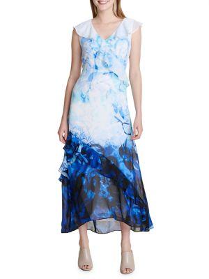 Calvin Klein Printed Ruffle Maxi Dress
