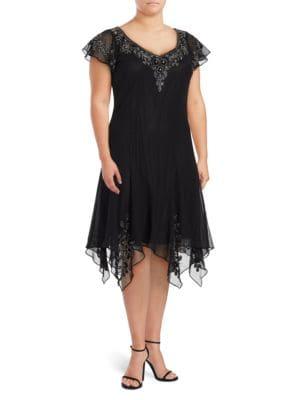J Kara Plus V-neck Flutter-sleeve Embellished Dress