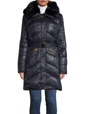 Michael Kors Belted Faux Fur Trimmed Walker Fill Coat