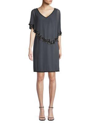 J Kara Slit-sleeve Beaded Overlay Sheath Dress