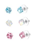 Lord & Taylor Set Of Three Stainless Steel, Rose, Aurore Boreale & Aquamarine Swarovski Crystal Cube Stud Earrings