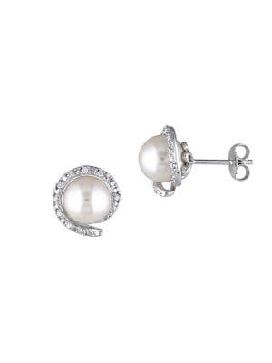 Sonatina Sterling Silver, 8-8.5mm White Round Pearl & Diamond Stud Earrings