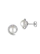 Sonatina Sterling Silver, 8-8.5mm White Round Pearl & Diamond Stud Earrings