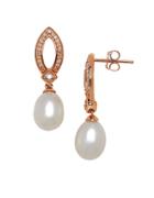 Lord & Taylor 7mm White Pearl, Diamonds And 14k Rose Gold Drop Earrings