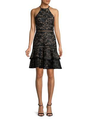 Xscape Lace Ruffle Halter Dress