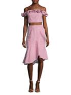 Wayf Two-piece Ruffle And Striped Off-the-shoulder Cropped Top And Asymmetrical Skirt