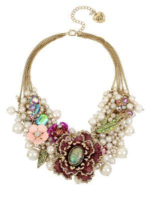 Betsey Johnson Glitter Flower And Faux Pearl Statement Necklace