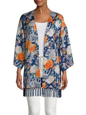 Highline Collective Satin Floral Fringed Kimono Jacket