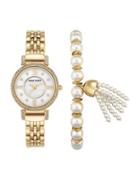 Anne Klein Crystal-studded Mother-of-pearl Watch & Faux Pearl Tassel Bracelet Set