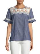 Karl Lagerfeld Paris Lace Yoke Pleated Cotton Top