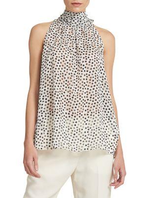 Donna Karan Dotted Back-tie Mockneck Blouse