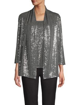 Kasper Sequined Three-quarter Sleeve Cardigan