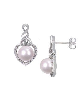 Sonatina Sterling Silver, 7-7.5mm White Pearl & White Diamond Heart Infinity Earrings