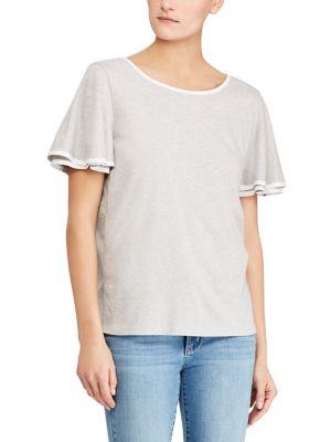 Lauren Ralph Lauren Petite Two-tone Flutter-sleeve Top