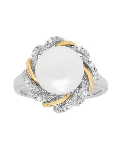 Lord & Taylor 10mm White Button Freshwater Pearl, Diamond, Sterling Silver And 14k Yellow Gold Floral Ring