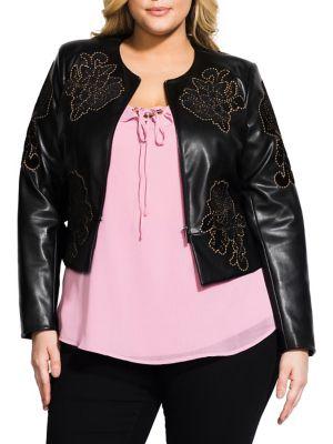 City Chic Plus Relaxed-fit Embroidered Faux Leather Jacket