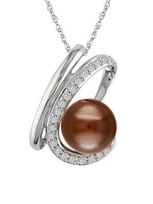 Sonatina 14k White Gold, 8-9mm Brown Round Pearl & Diamond Spiral Pendant Necklace