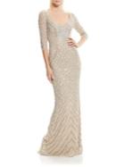 Theia Beaded Three-quarter Sleeve Gown