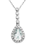 Lord & Taylor 14 Kt. White Gold Aqua And Diamond Pendant Necklace