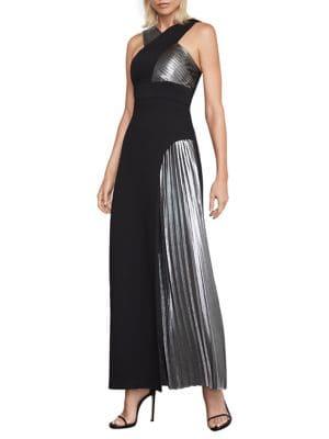 Bcbgmaxazria Metallic Pleated Halter Gown
