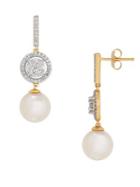 Lord & Taylor 8.0-8.5mm White Round Freshwater Pearl, Diamond And 14k Gold Earrings