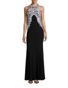Betsy & Adam Embroidered Halter Gown