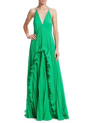 Halston Heritage Halter V-neck Pleated Gown