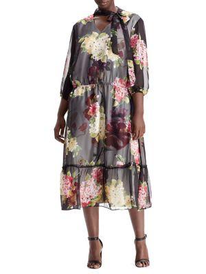 Lauren Ralph Lauren Plus Floral Chiffon Tie-neck Dress