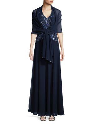 J Kara Petite Sleeveless Beaded Halter Gown