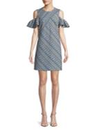 Laundry By Shelli Segal Printed Chambray Cold-shoulder Ruffle Dress